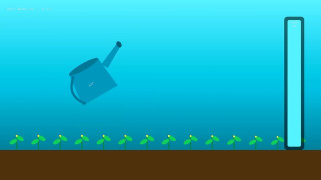 Community garden harvest animated sequence showing a watering can nurturing small green sprouts emerging from dark brown soil inside a stylized digital environment with blue gradients