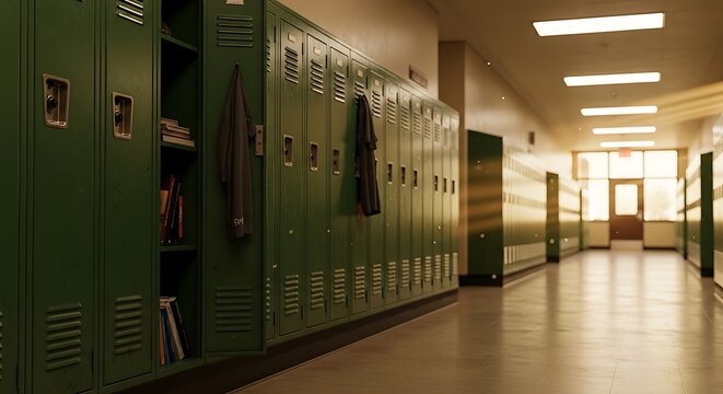 Empty school corridor with rows of green metal lockers