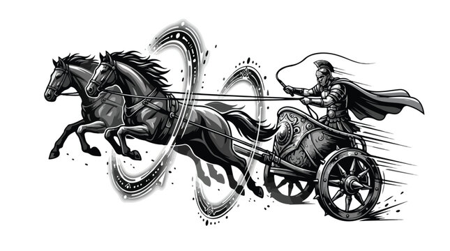 Ancient warrior riding a chariot pulled by two galloping horses in a dynamic motion