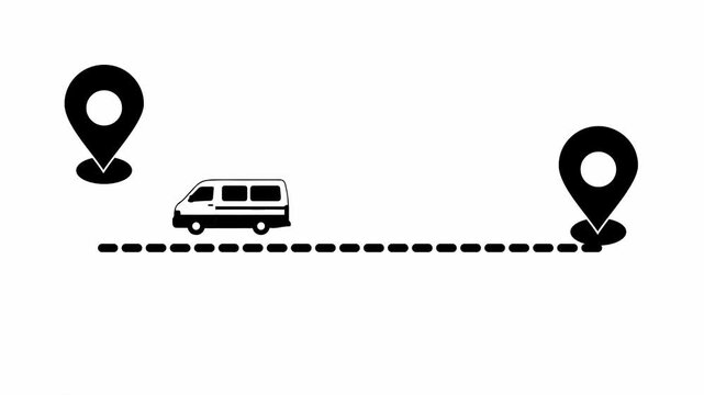 Van traveling between map markers along a dashed path