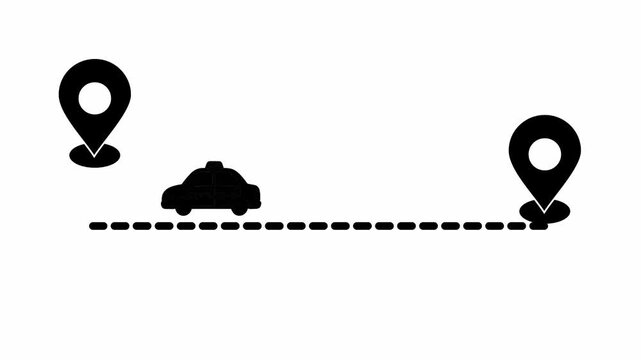 Animated taxi car moving between map pin location icons