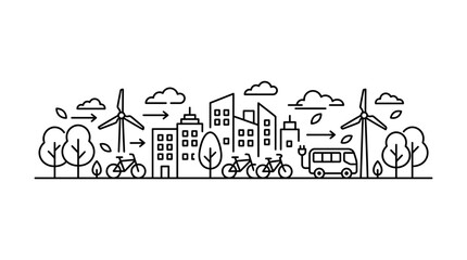 Naklejka premium Line art illustration of a sustainable eco friendly city with wind turbines and green transport.