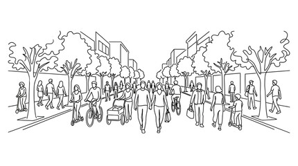 A diverse crowd of people walking and cycling along a bustling city street. © Watirah_Martodimejo