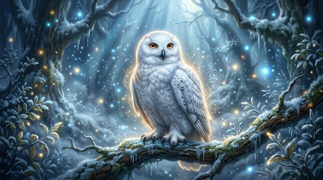 Snowy owl perched on a frost covered branch in an enchanted blue moonlit forest with glowing fireflies