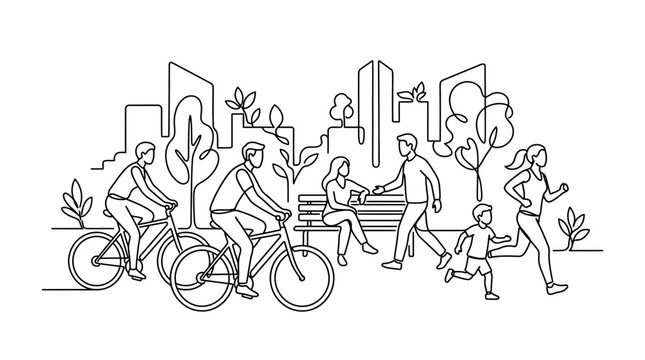 A continuous line drawing of people enjoying various outdoor activities in a park.