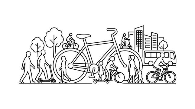 Line art illustration featuring urban commuters using various modes of sustainable transportation.