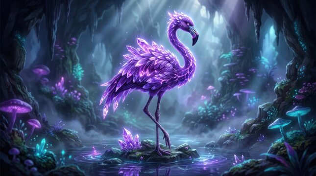 Mystical purple flamingo standing in a glowing crystal cavern with bioluminescent flora