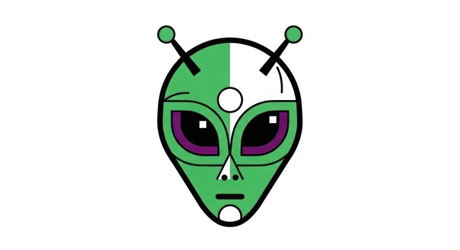 Stylized alien face icon green and purple illustration on white background