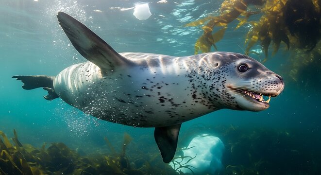 Leopard seal swimming in kelp forest underwater