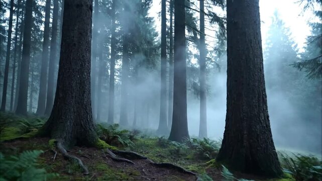 Mysterious misty forest with tall pine trees surrounded by thick white fog
