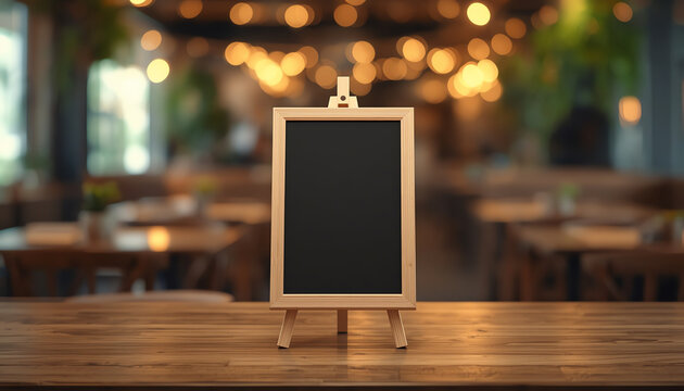 Blackboard menu with easel on wooden table with blur restaurant background, Copy space for adding your content (1)