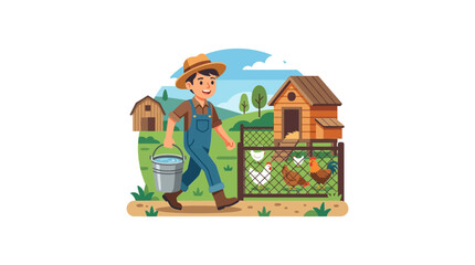 A young male farmer carrying a metal bucket towards a chicken coop. © Watirah_Martodimejo