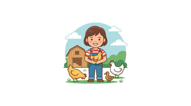 A young girl holding a chicken on a farm with other poultry.
