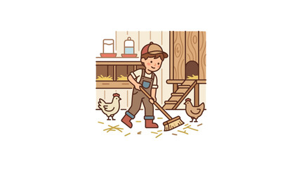 A young farmer wearing overalls sweeping the floor of a chicken coop. © Watirah_Martodimejo