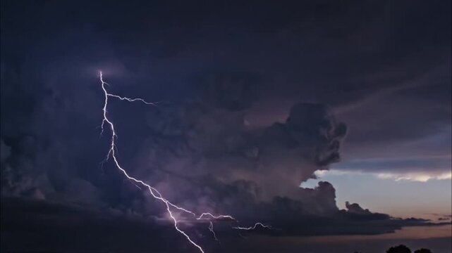 Dramatic lightning strike illuminating dark stormy night sky over horizon
