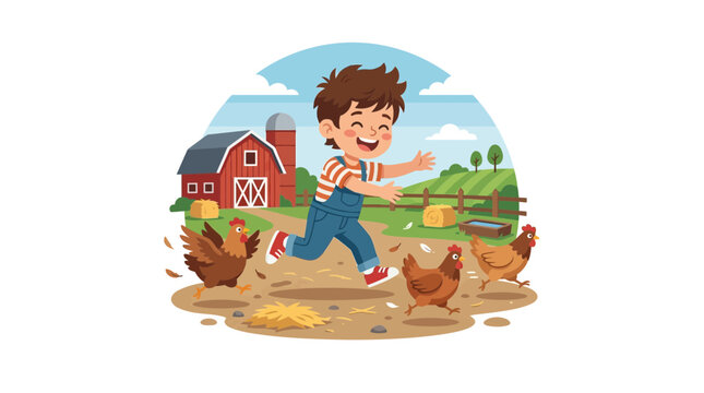 A happy young boy running joyfully through a farmyard with chickens.