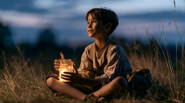 A Child's Hope: A young boy sits in a field at dusk, holding a jar with a glowing light, his face illuminated with wonder and dreams of the future.