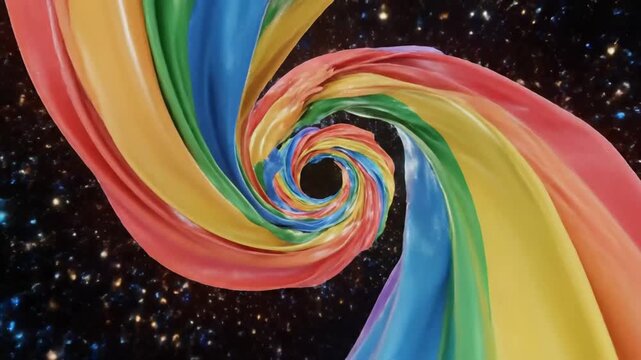 Colorful rainbow spiral ring against a dark black background.