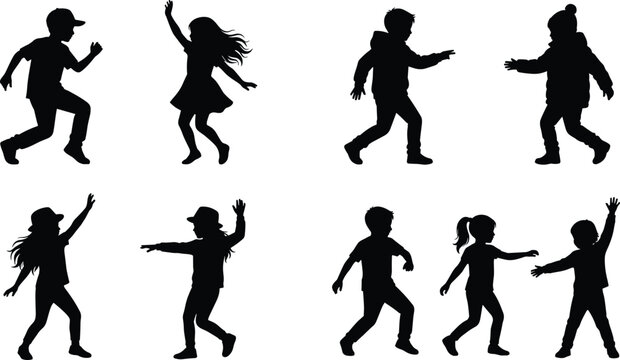 Playful black silhouettes of children dancing, running, and interacting in joyful lifestyle scenes highlighting movement, posture, fashion, and childhood energy