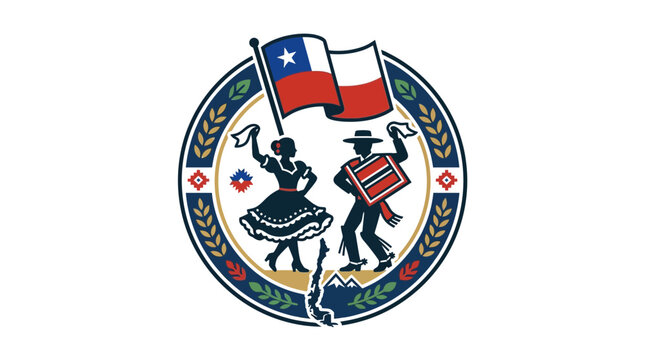 Circular emblem featuring a couple dancing the Chilean cueca with a national flag.