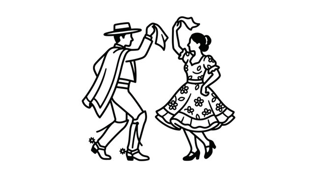 A black and white line art illustration of a couple performing a traditional Chilean cueca dance.