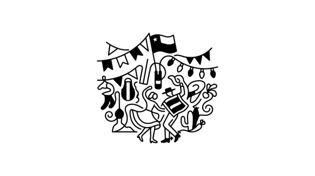 Line art illustration of a traditional Chilean cueca dance celebration.