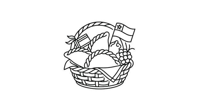 A hand drawn line art illustration of a picnic basket filled with Chilean empanadas and a flag.