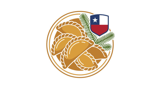 A circular illustration featuring Chilean empanadas with a national flag shield and pine branches.
