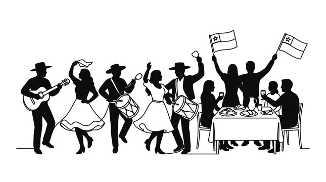 Silhouettes of people celebrating with music and dancing at a festive gathering.
