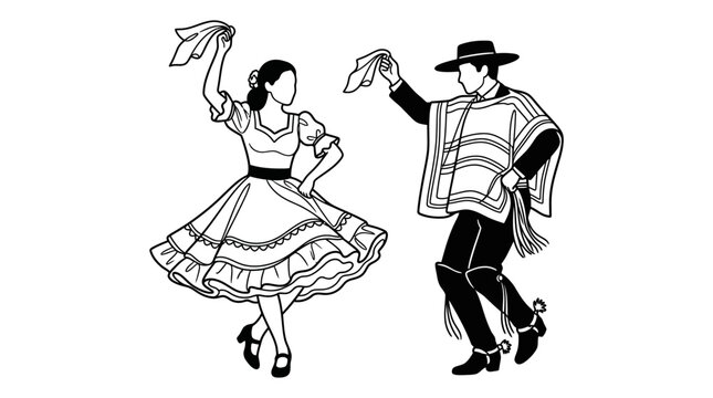 Line art illustration of a couple performing the traditional Chilean Cueca dance.