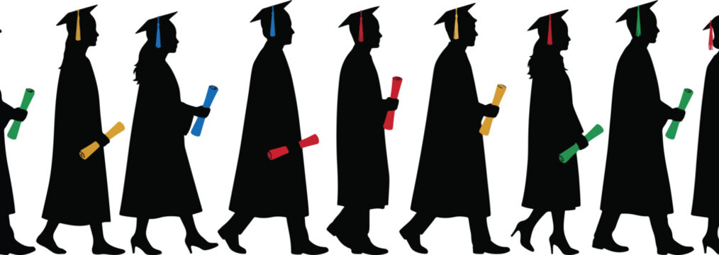 Silhouettes of diverse graduates in academic regalia walking in a line, each holding a diploma.