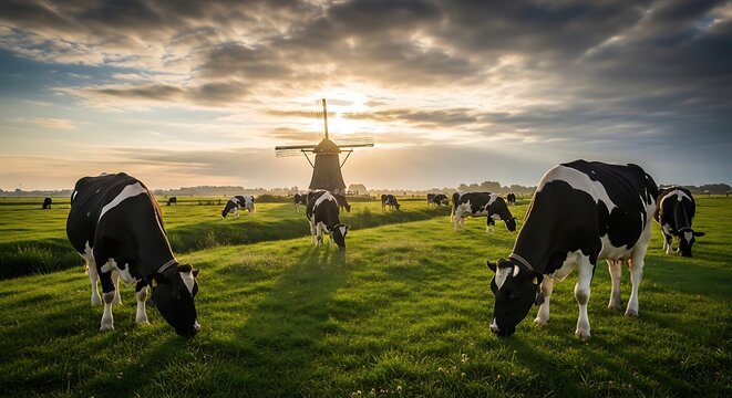 Grazing cows in a green pasture with a traditional windmill at sunset