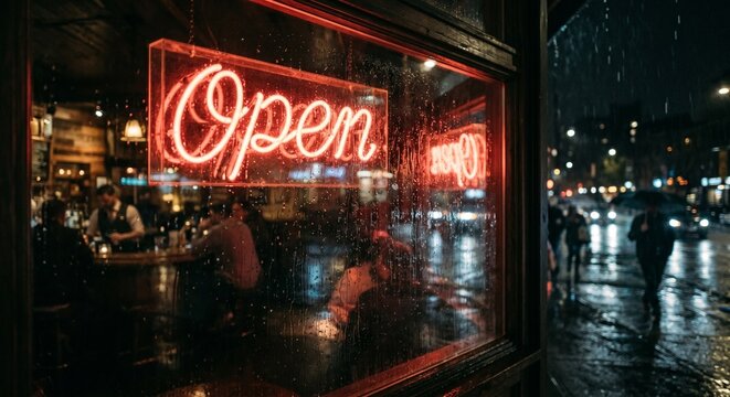 Cinematic moody night street scene with glowing neon open sign in a rainy city bar
비 오는 도시의 바에서 네온 오픈 사인이 빛나는 시네마틱하고 감성적인 밤거리 풍경
