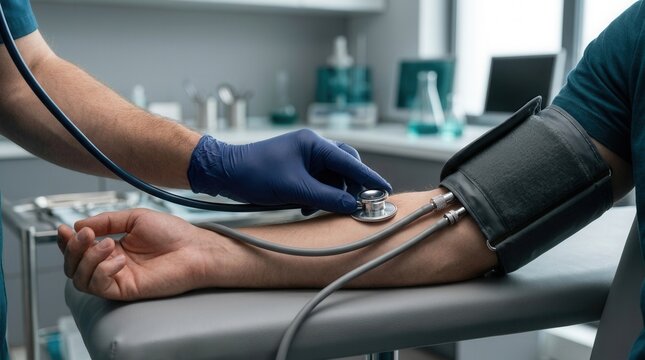 Doctor Checking Patient Blood Pressure In Medical Clinic