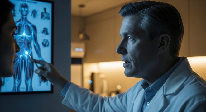 Doctor Analyzing Human Anatomy Display For Medical Consultation And Diagnosis