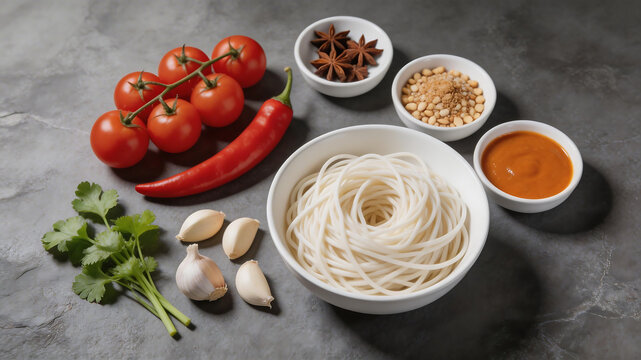 Noodles with fresh ingredients on table highlighting the rich textures of gourmet cuisine
