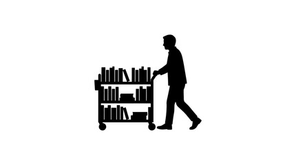 A silhouette of a person pushing a library cart filled with books. © Nasoha_Alhabib