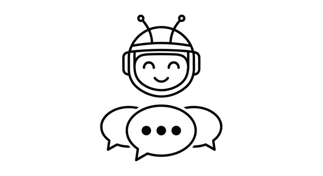 Minimalist line art icon of a friendly smiling robot with speech bubbles.