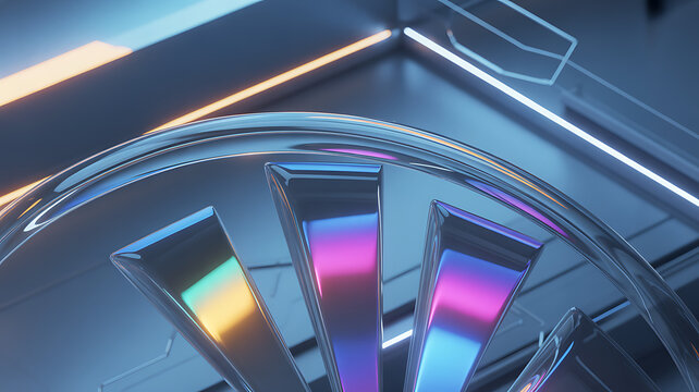 Abstract glass prism arc and radiating panels with holographic gradient highlights sleek sci fi technology background keynote slides hero wallpaper
