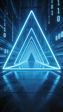 Neon triangle tunnel with binary code symbolizing the limitless potential of digital design