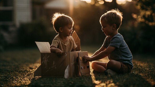 Childhood Dreams Take Flight: Two young children embark on an imaginative journey, building a spaceship out of cardboard boxes in the soft, golden light of a backyard sunset.