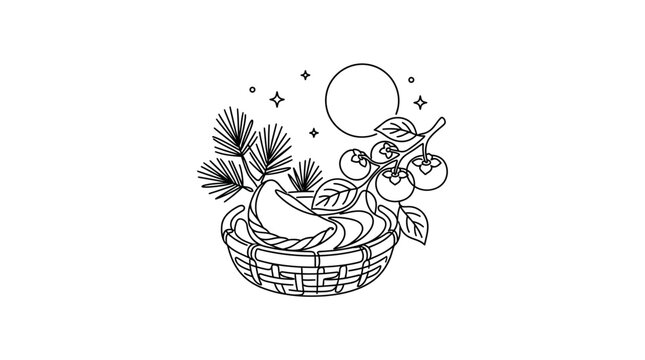 A detailed line art illustration of a woven basket filled with pine branches and persimmons under a night sky.