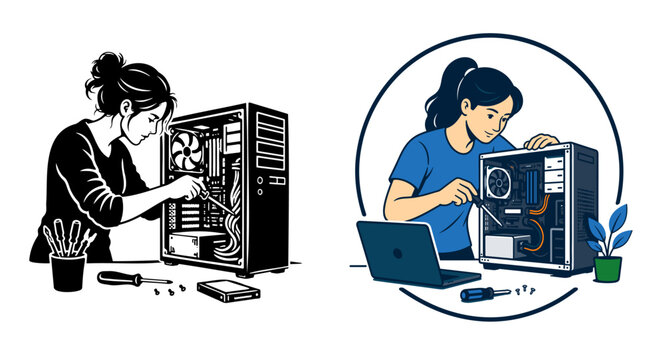 Female Computer Technician Repairing Desktop Computer Vector Illustration