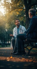 Fototapeta premium Doctor Consulting Patient Outdoors In A Park During Autumn