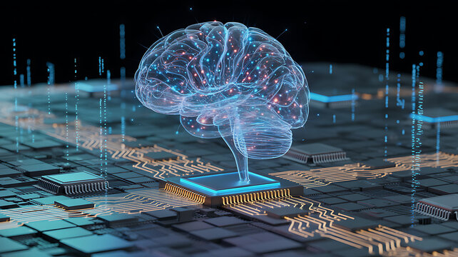 Artificial intelligence AI neural network digital brain machine deep learning processing big data analysis technology connection mining chipset on Circuit board futuristic.