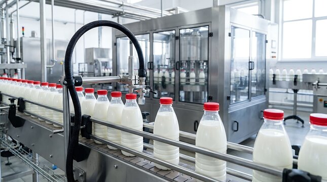 Automated production line filling clear plastic bottles with white liquid and red caps moving along a conveyor in a sterile factory environment milk bottling conveyor belt