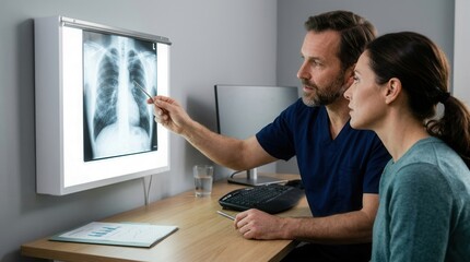 Fototapeta premium Doctor Explaining Chest X-Ray Results To Concerned Patient