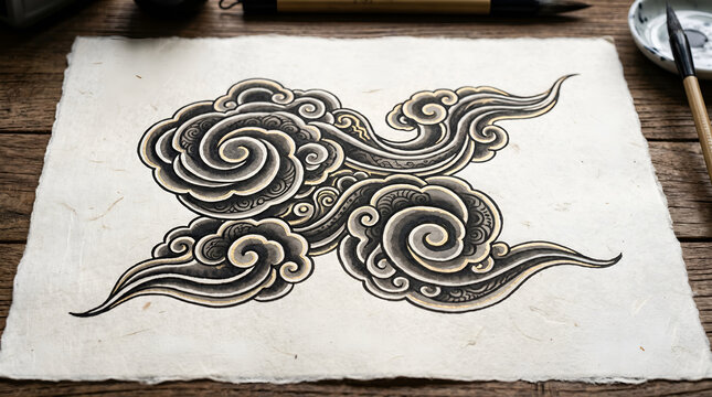 Japanese clouds tattoo art illustration on handmade paper