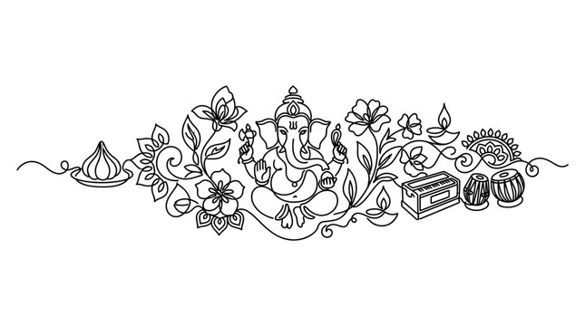 Line art illustration of Lord Ganesha surrounded by traditional Indian festive elements.
