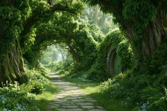 Fantasy forest path to enchanted hobbit home magical woodland entrance green nature landscape fairy tale adventure